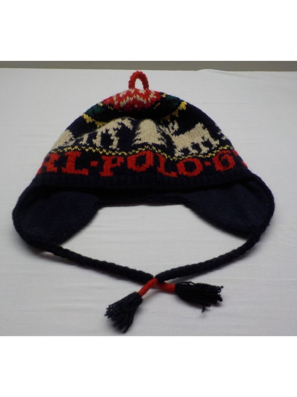 Ralph Lauren Polo Knit Reindeer Winter Hat With Earflaps Navy & Red Wool Blend